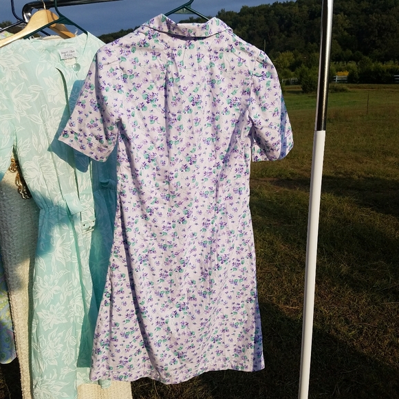 VTG Cute Purple Floral Cotton Shift Dress Button S - Picture 5 of 10